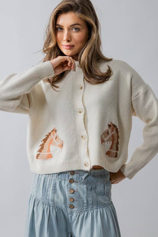 Horse Graphic Button Front Cropped Cardigan