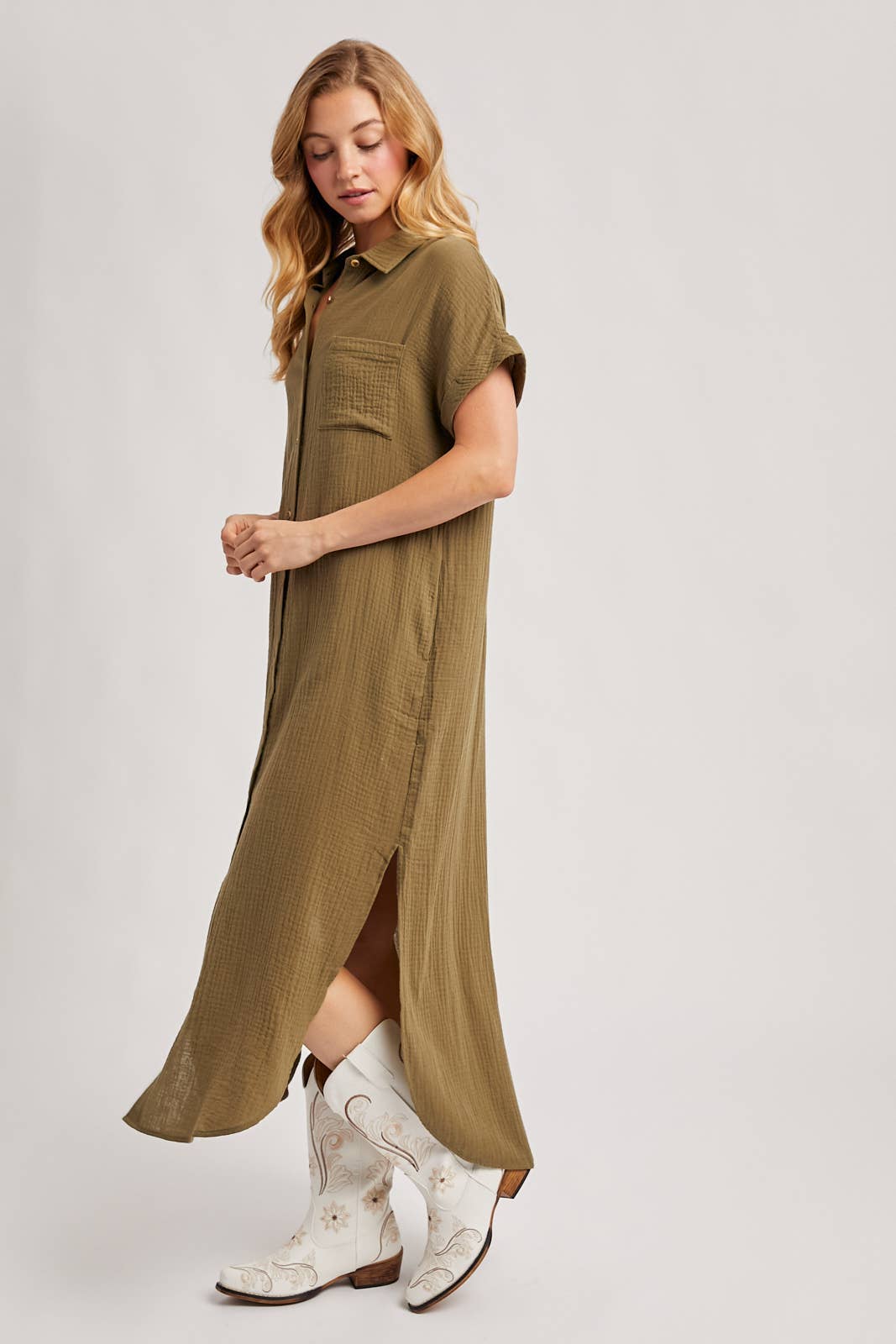 BUTTON UP MAXI SHIRT DRESS WITH POCKET