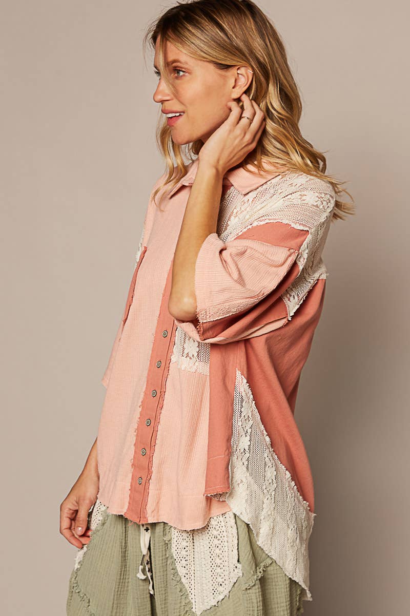 Short sleeve lace contrast button down