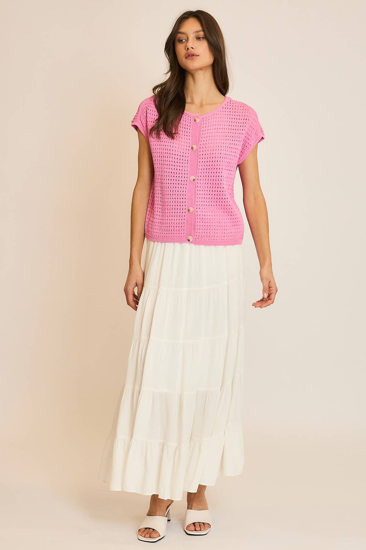 OPEN-KNIT BUTTON-UP SWEATER TOP