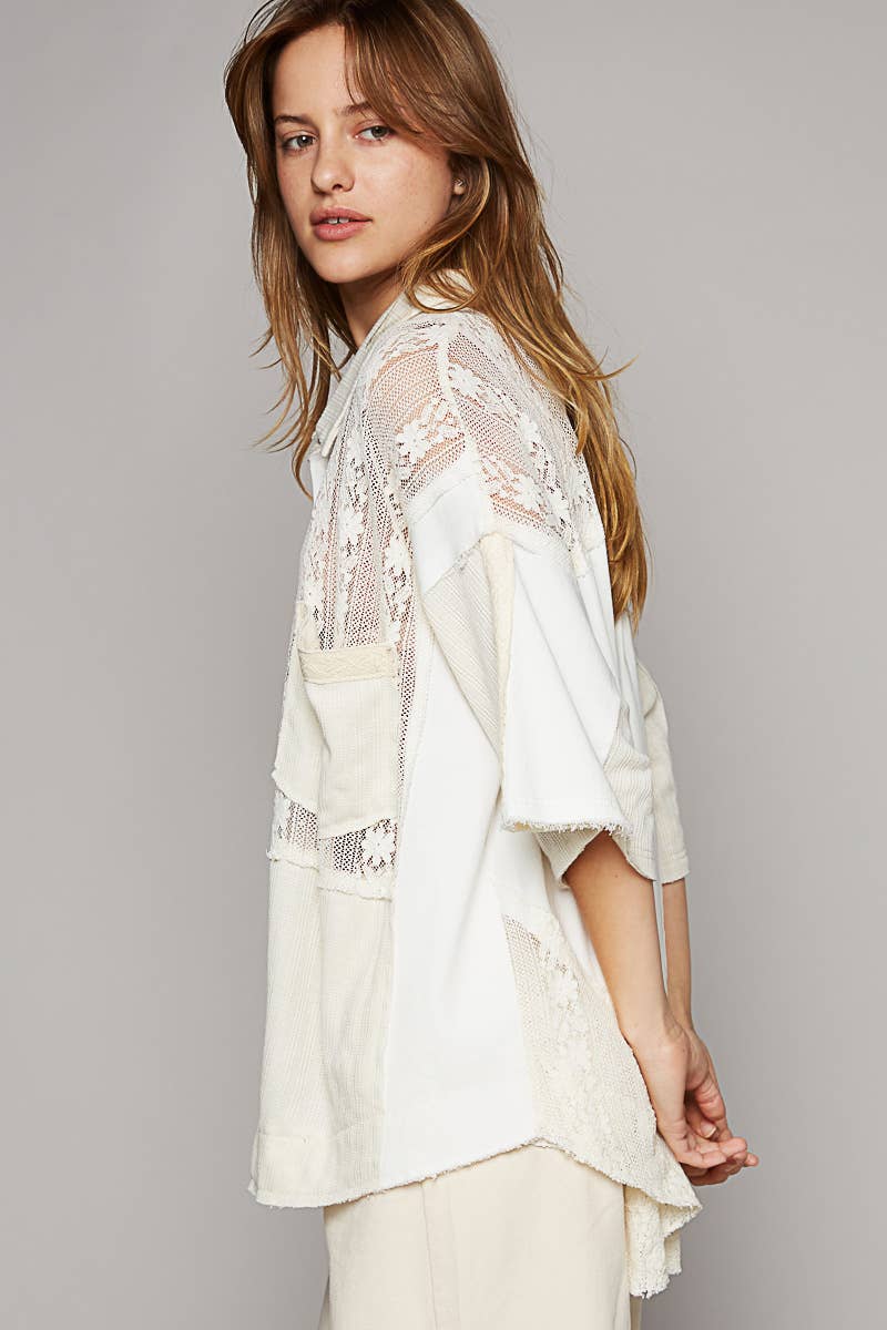 Short sleeve lace contrast button down