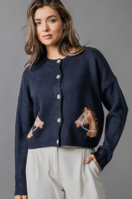 Horse Graphic Button Front Cropped Cardigan