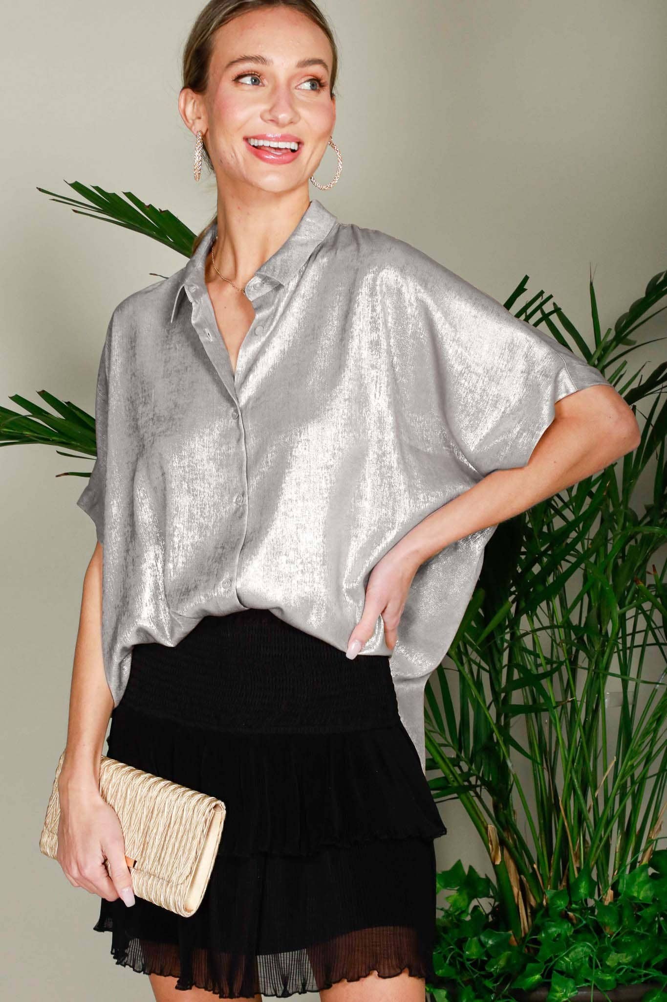 Metallic Woven Button Front Closure Blouse T