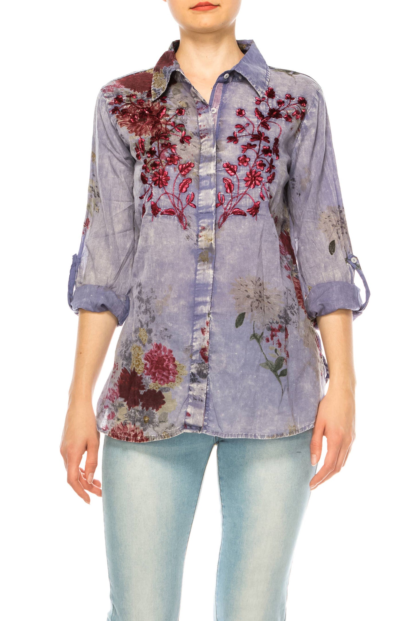 Vintage Blue Floral Printed Shirt with Embroidery