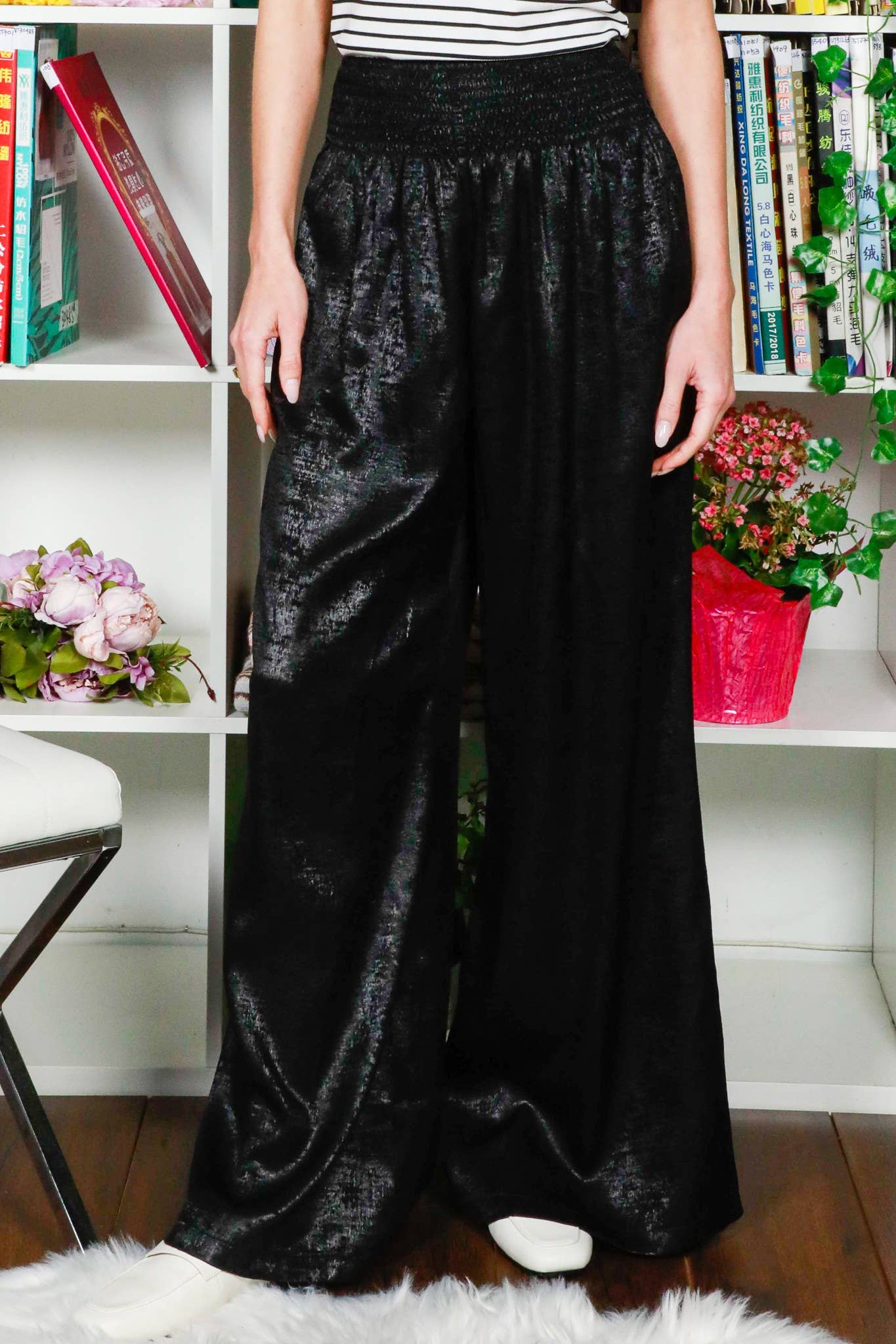 Elastic Smocked Waist Band With Pocket Foil Pants