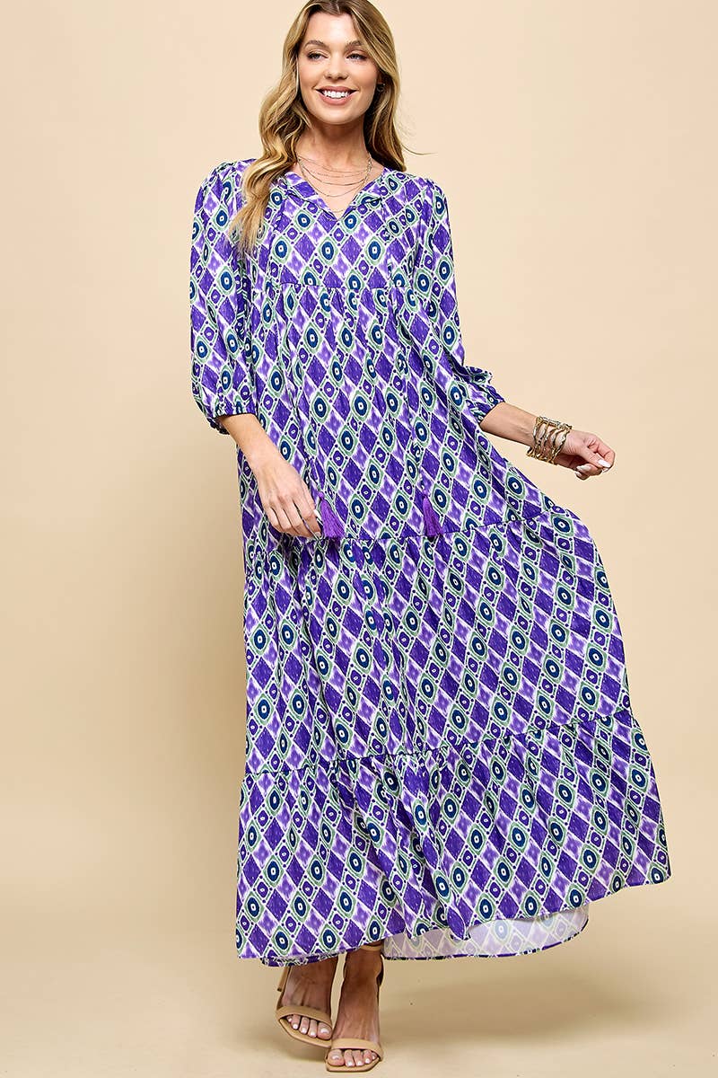 3/4 Lantern Sleeve Print Boho Maxi Dress