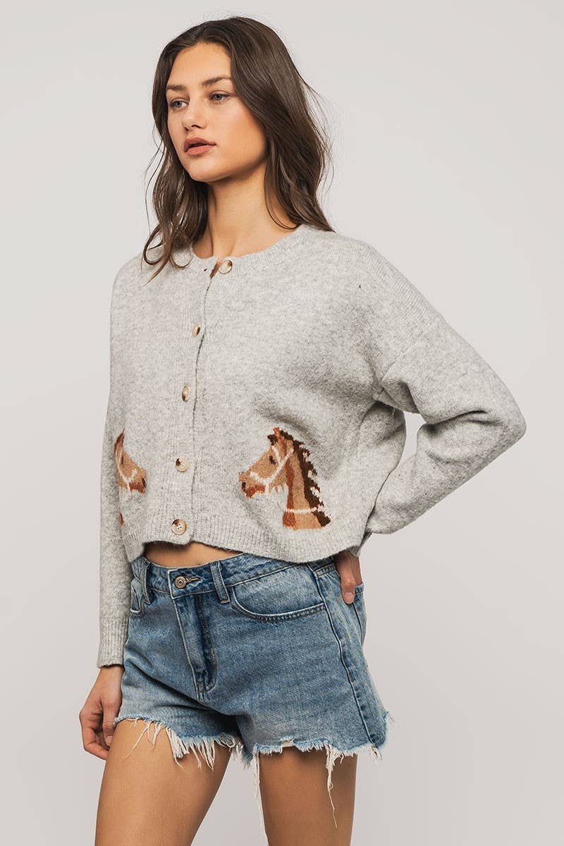 Horse Graphic Button Front Cropped Cardigan