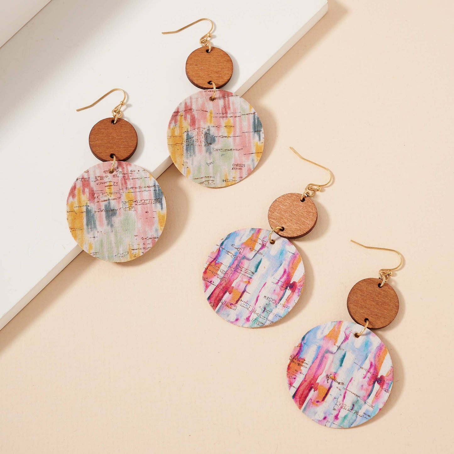 Water Paint Print Cork Wood Dangling Earrings