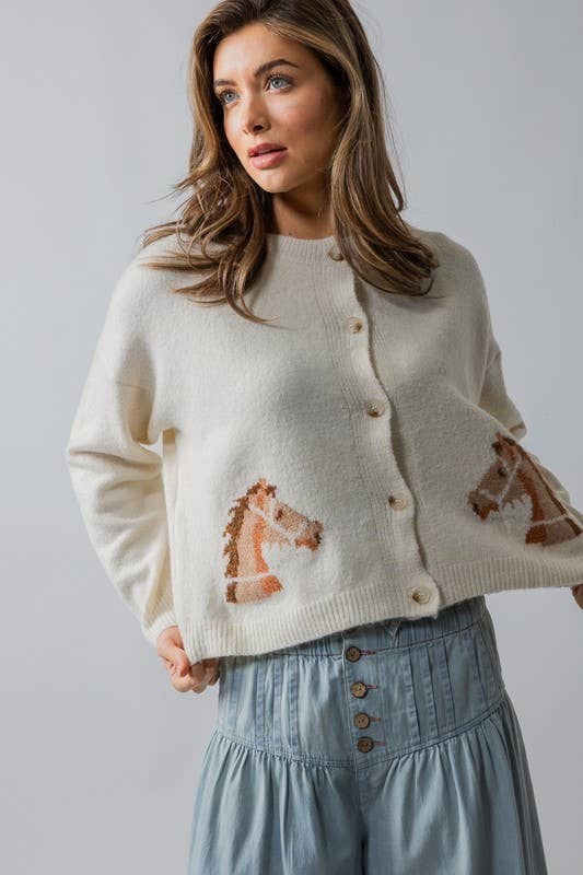 Horse Graphic Button Front Cropped Cardigan