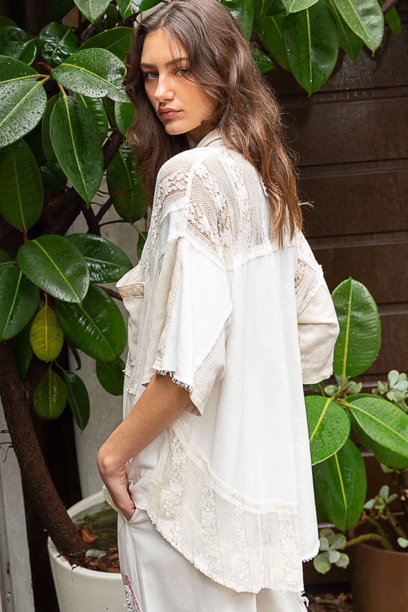 Short sleeve lace contrast button down