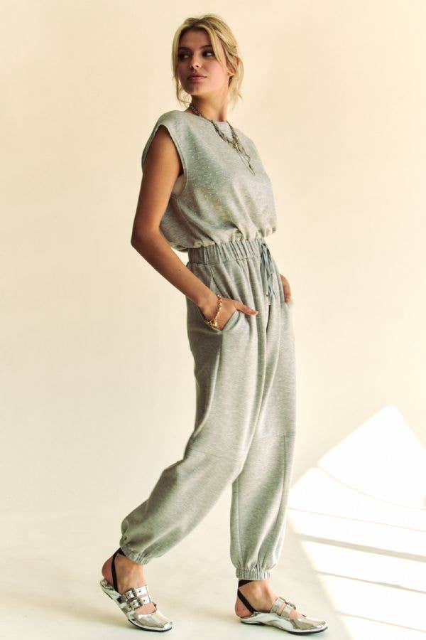 CREW NECK RHINESTONE TOP JOGGER JUMPSUIT