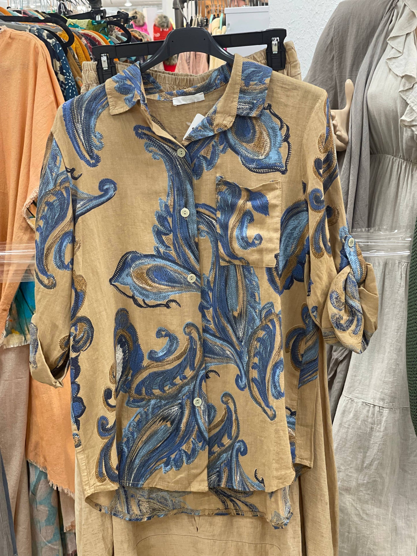 Paisley Print Button-Up Linen Top
