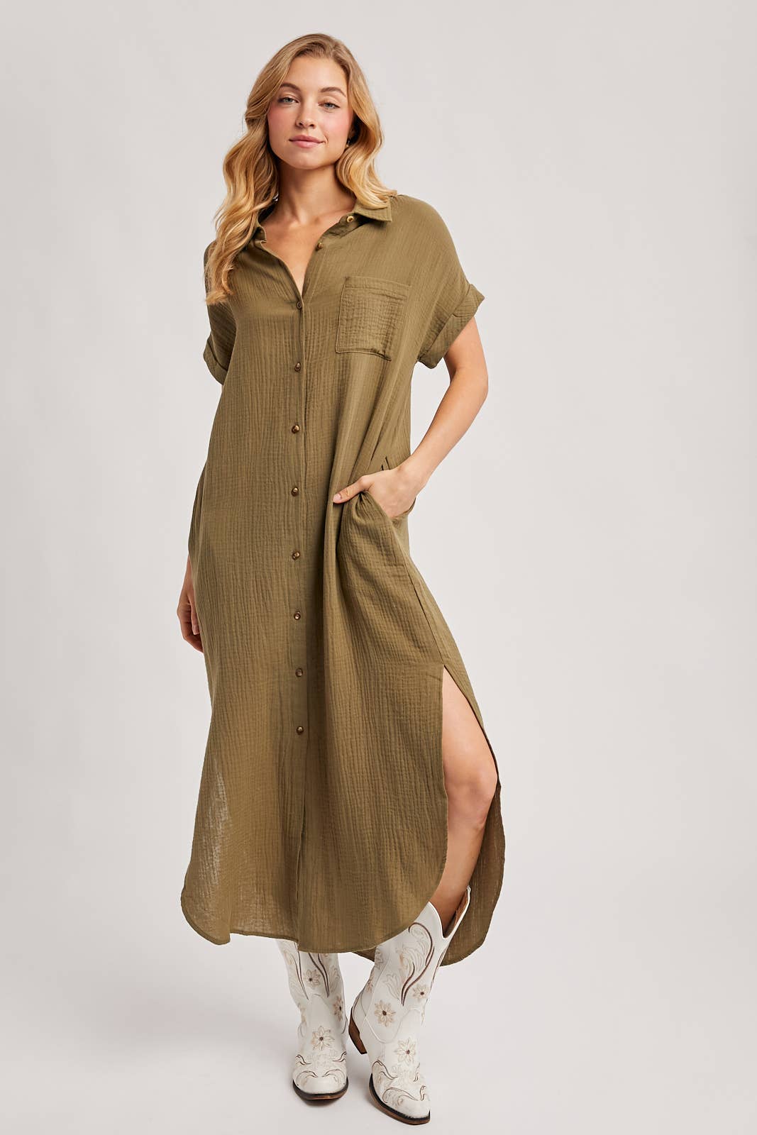 BUTTON UP MAXI SHIRT DRESS WITH POCKET