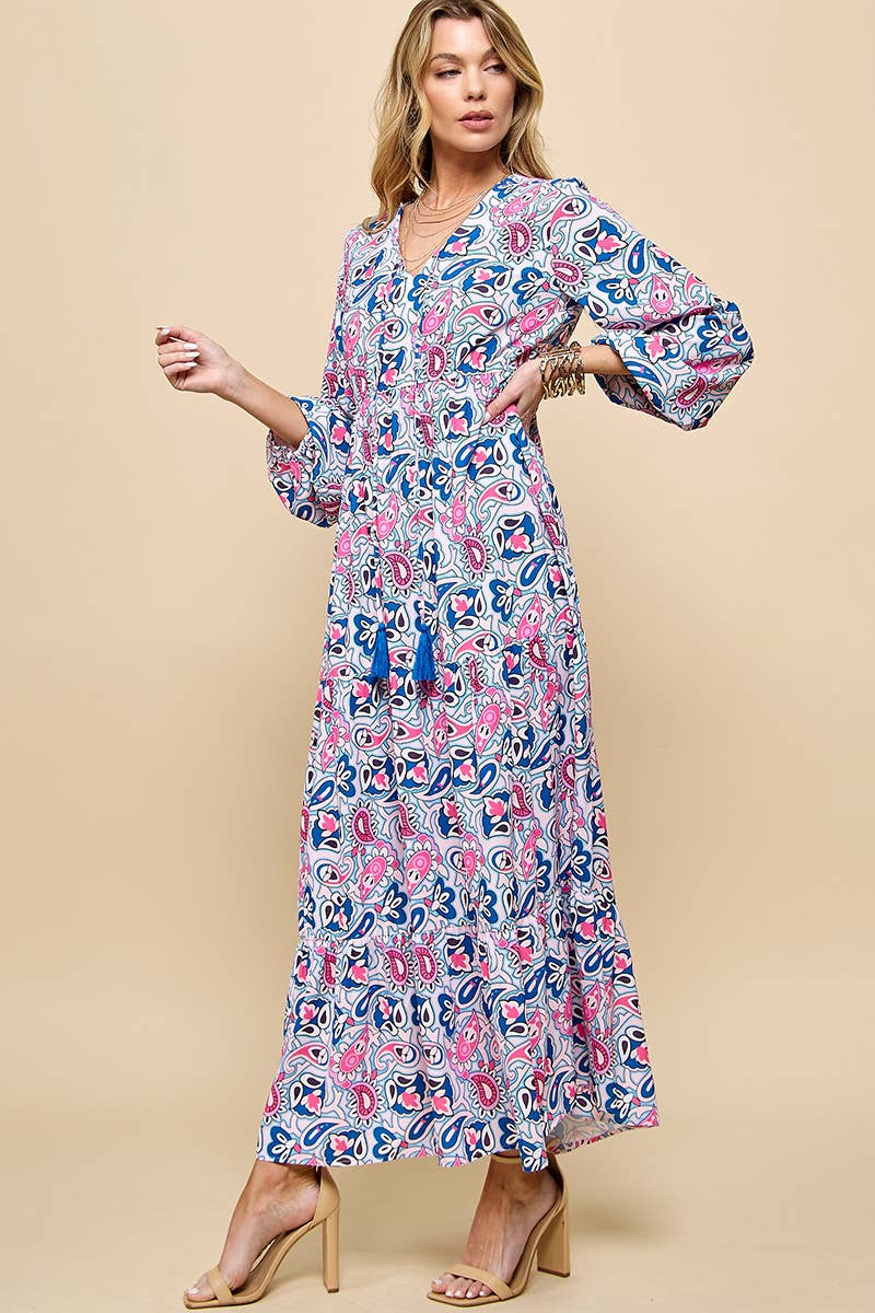 Paisley Print V neck Maxi Dress