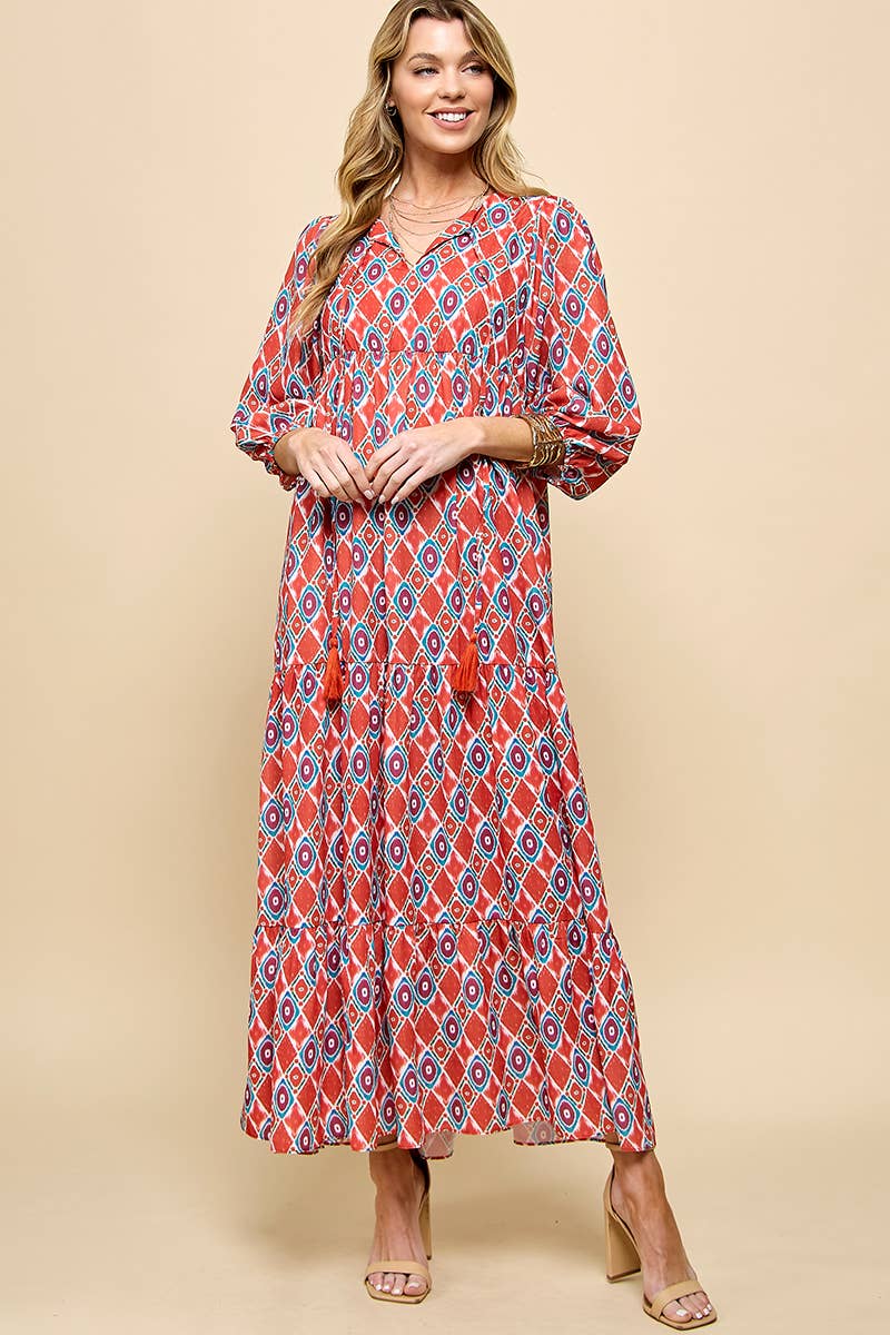 3/4 Lantern Sleeve Print Boho Maxi Dress