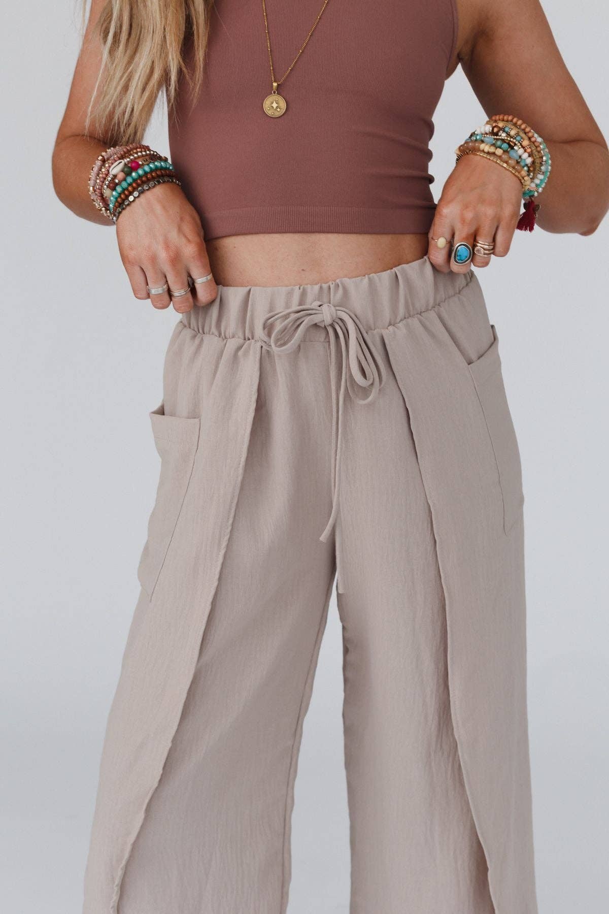 Stasia Solid Drawstring Tulip Pants - Spring Khaki