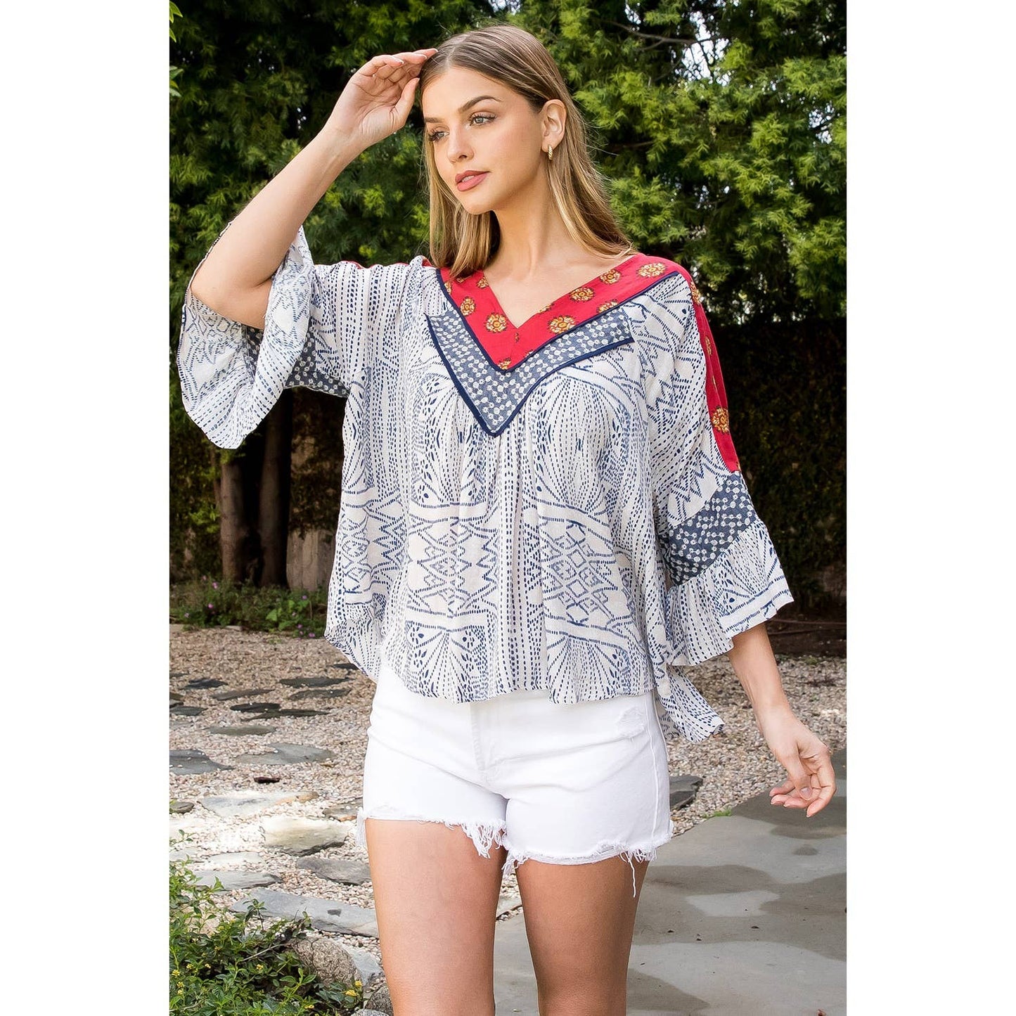 Mixed Print Mid Bell Sleeve Top