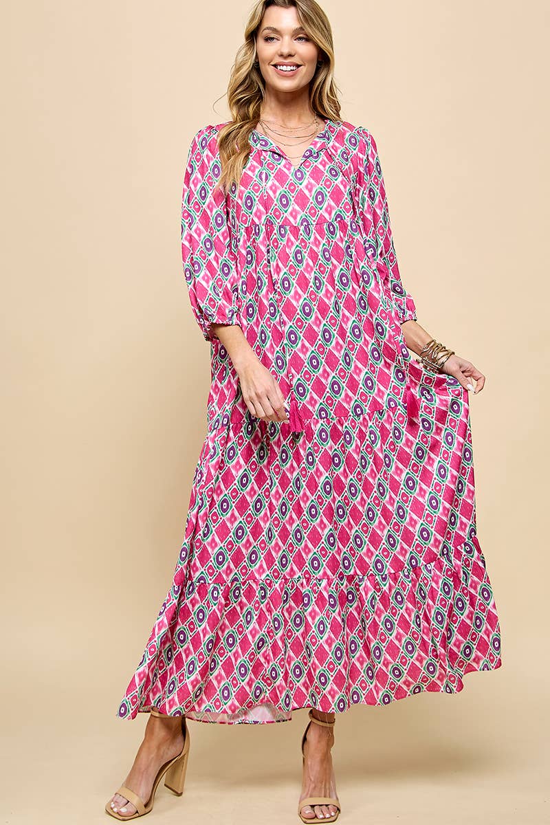 3/4 Lantern Sleeve Print Boho Maxi Dress