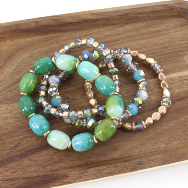 4 Row Crack Stone Bead Bracelet Set