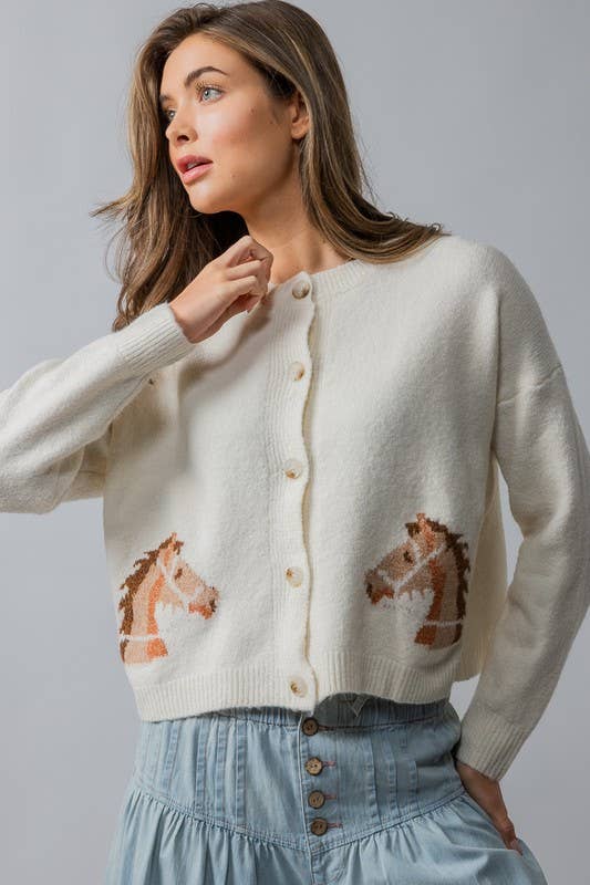 Horse Graphic Button Front Cropped Cardigan