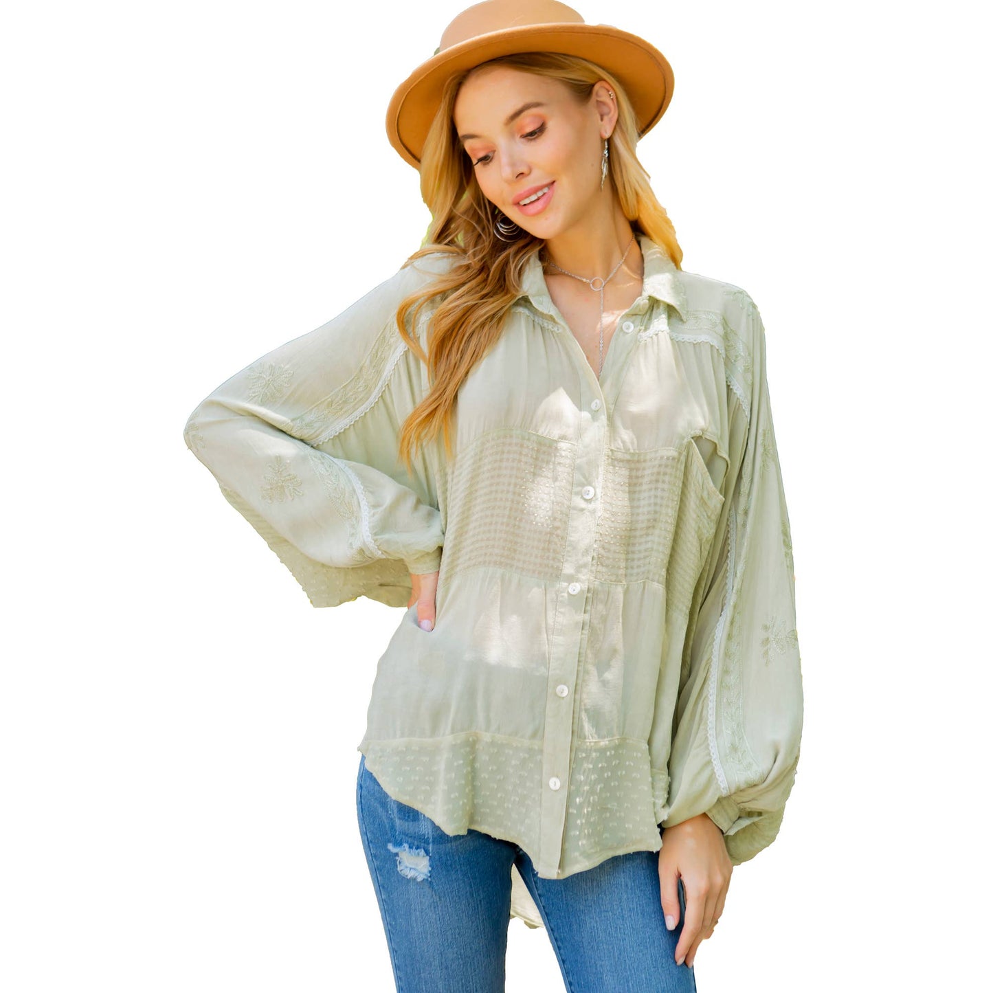 Embroidery Bishop Sleeves Loose Top