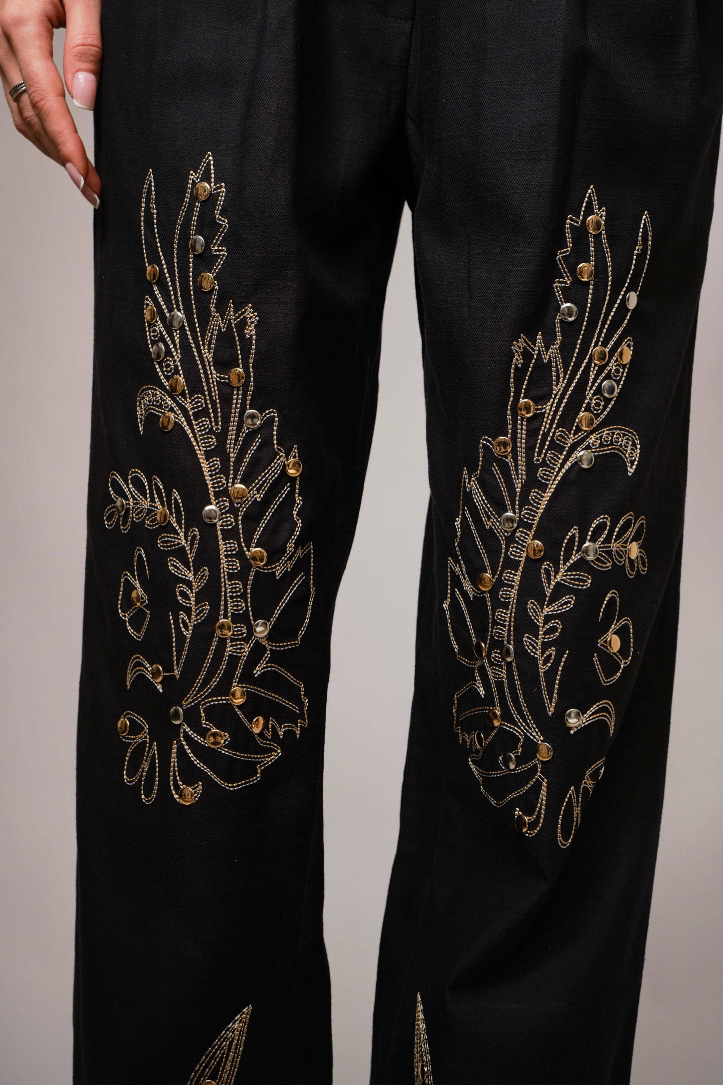 Twill Embroidered Stitchwork Studded Pants