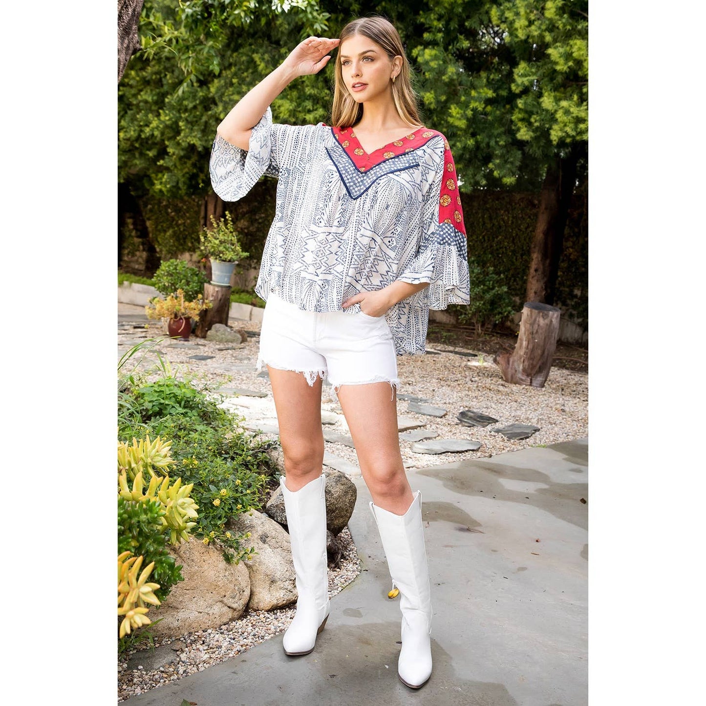 Mixed Print Mid Bell Sleeve Top