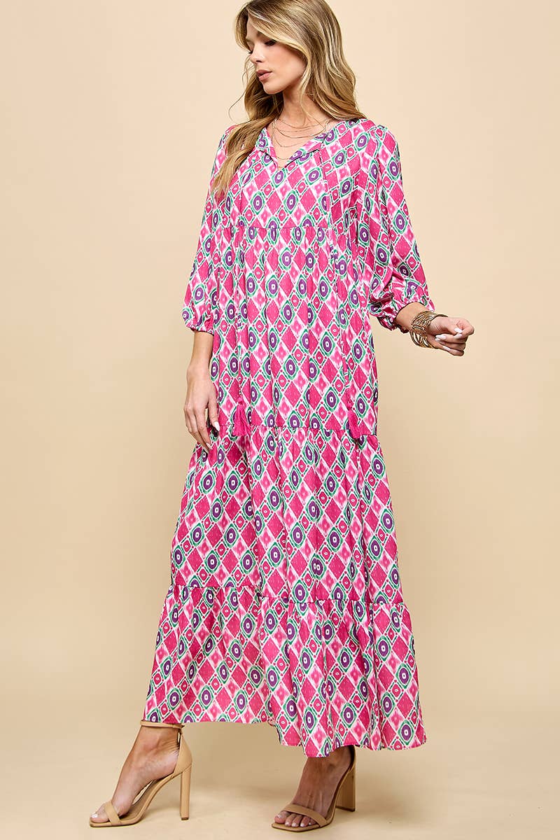 3/4 Lantern Sleeve Print Boho Maxi Dress
