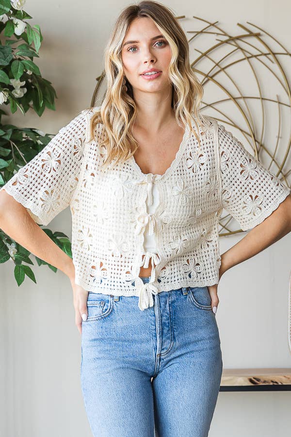 Knit Floral Tie Front Top