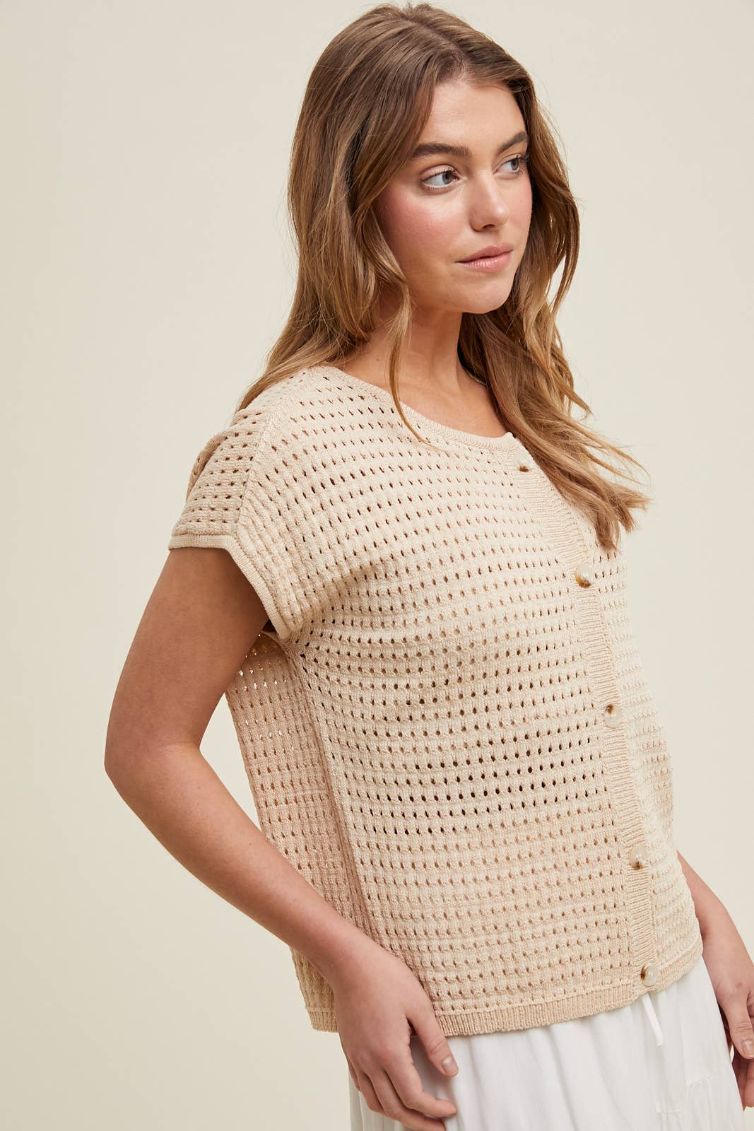 OPEN-KNIT BUTTON-UP SWEATER TOP