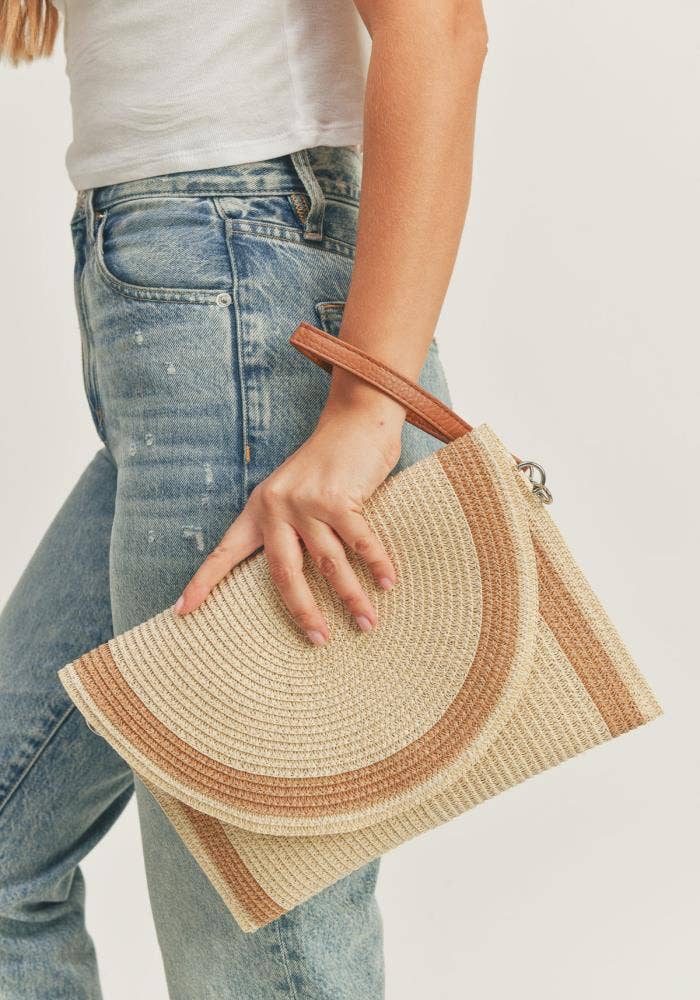 STRAW TWO TONE ENVELOPE CROSSBODY CLUTCH