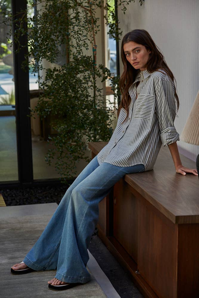 Woven Cotton Collar Neck Button Front Long Sleeve