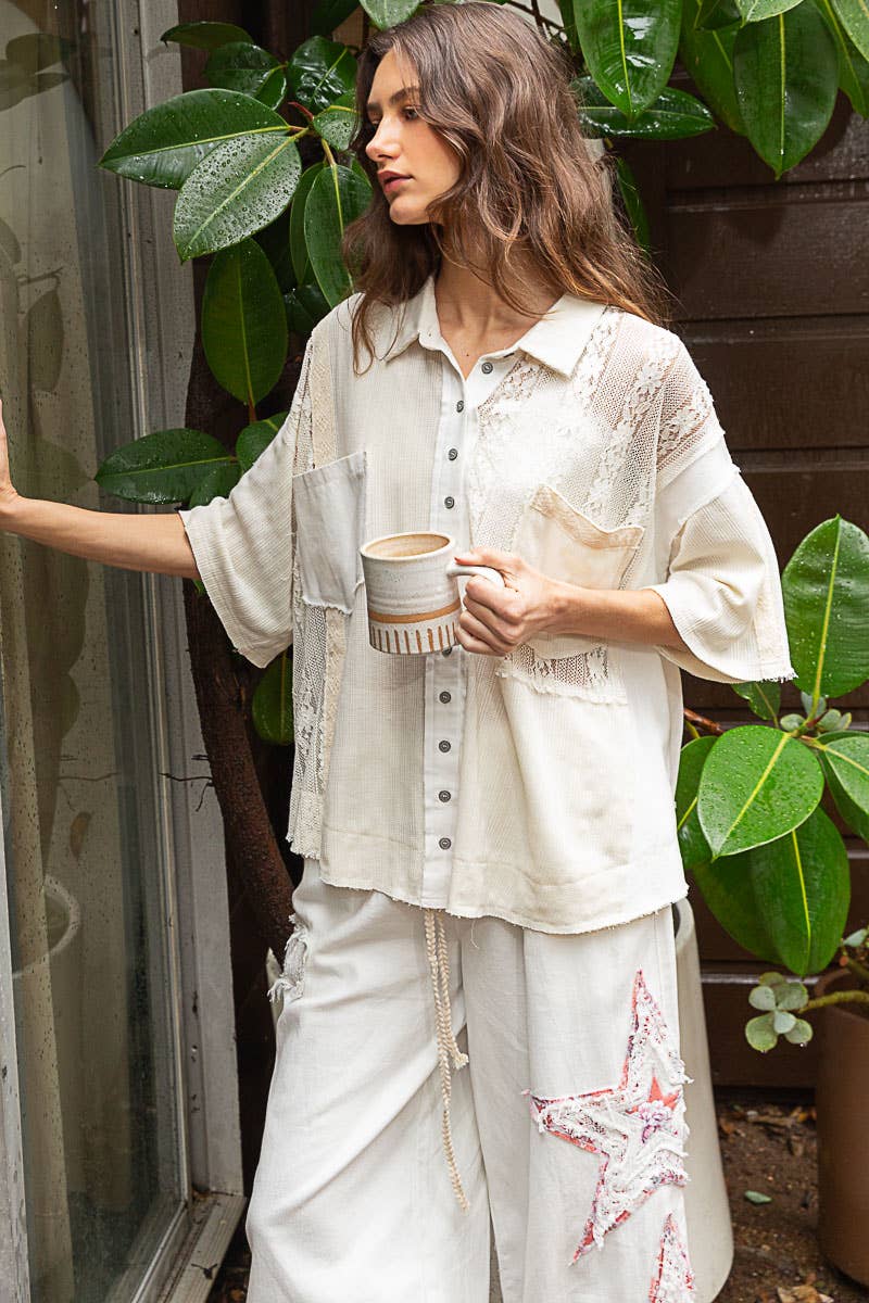Short sleeve lace contrast button down