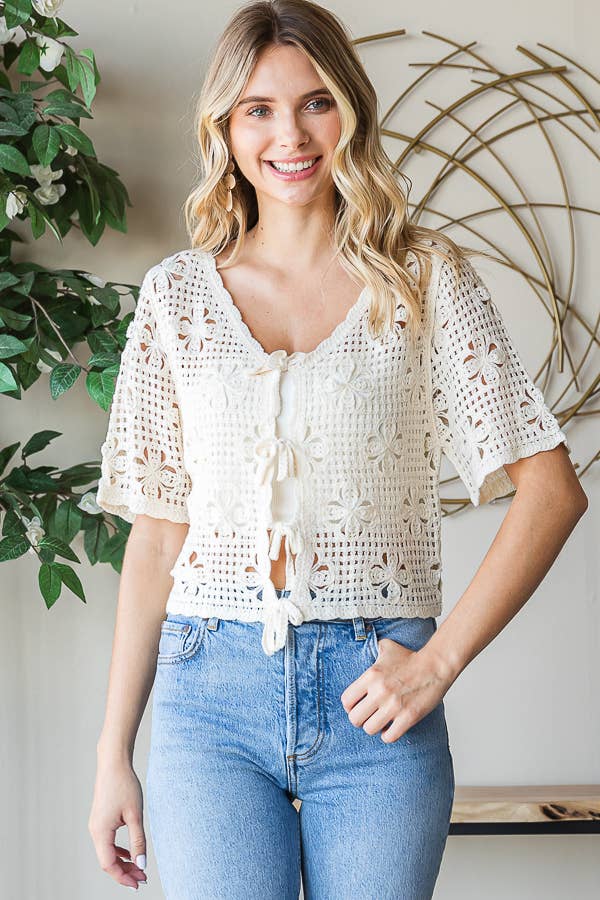 Knit Floral Tie Front Top