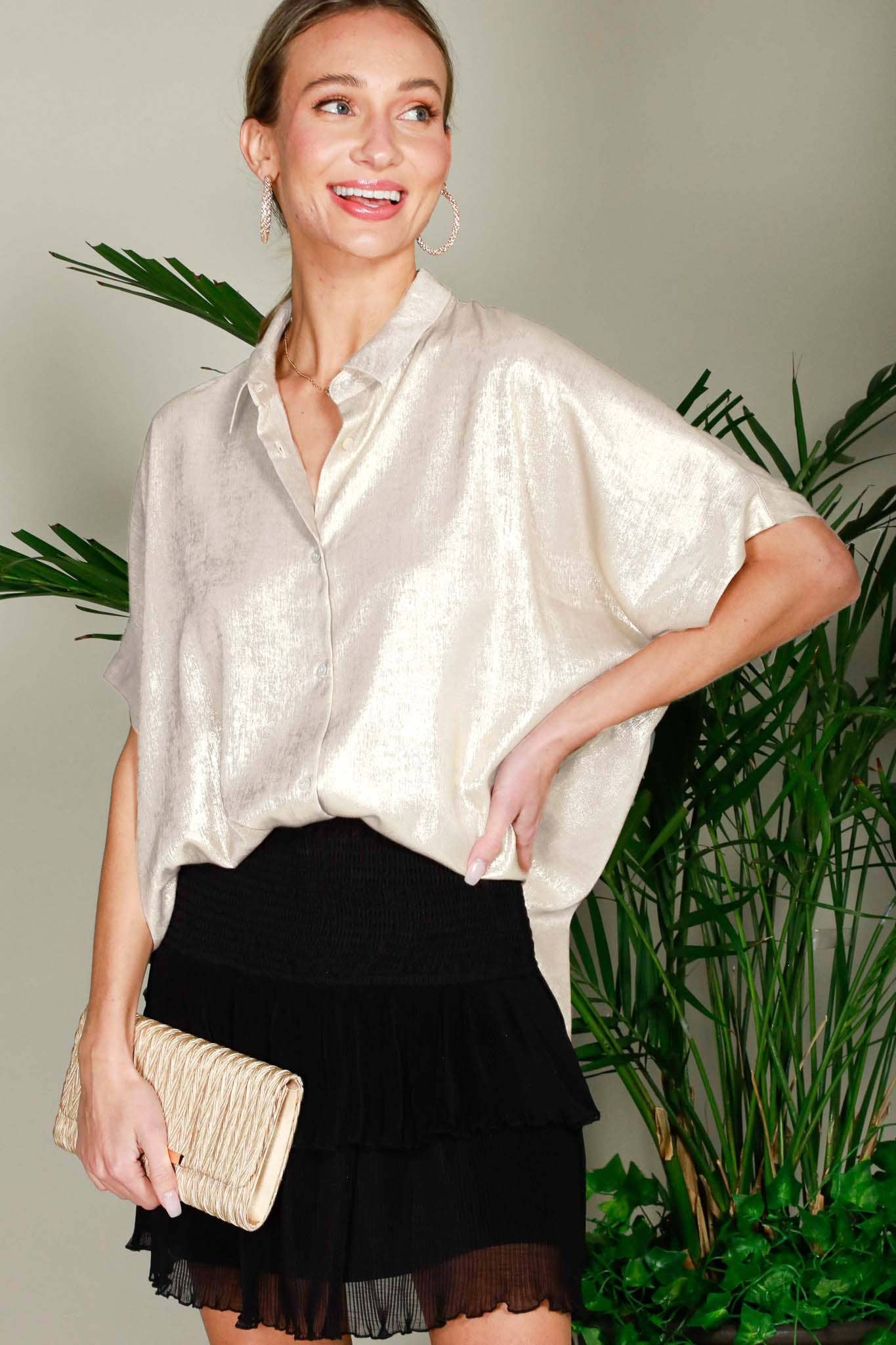 Metallic Woven Button Front Closure Blouse T