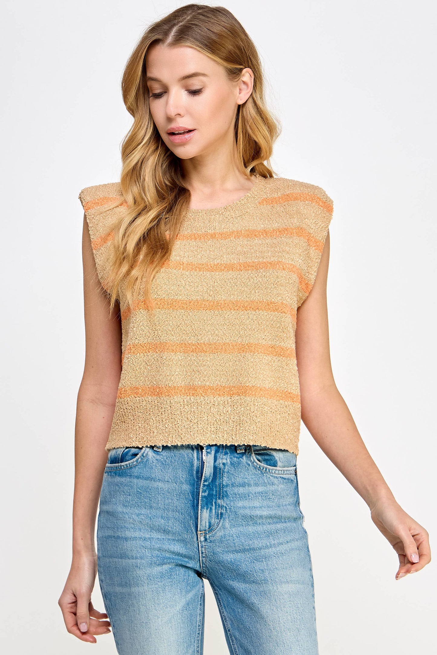 Shoulder Pad Sleeveless Textured Striped Knit Top
