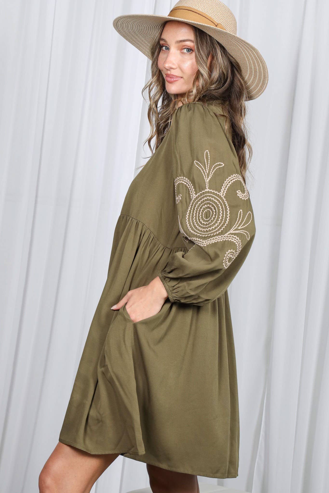 Paisley Embroidered V-Neck Baby Doll Mini Dress