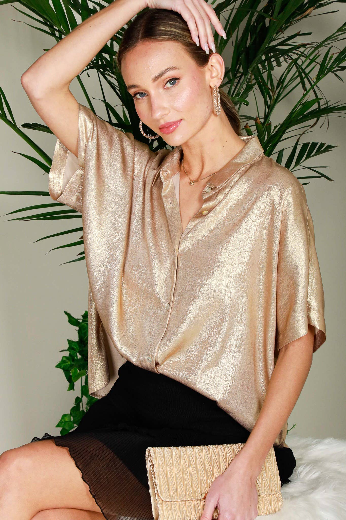 Metallic Woven Button Front Closure Blouse T