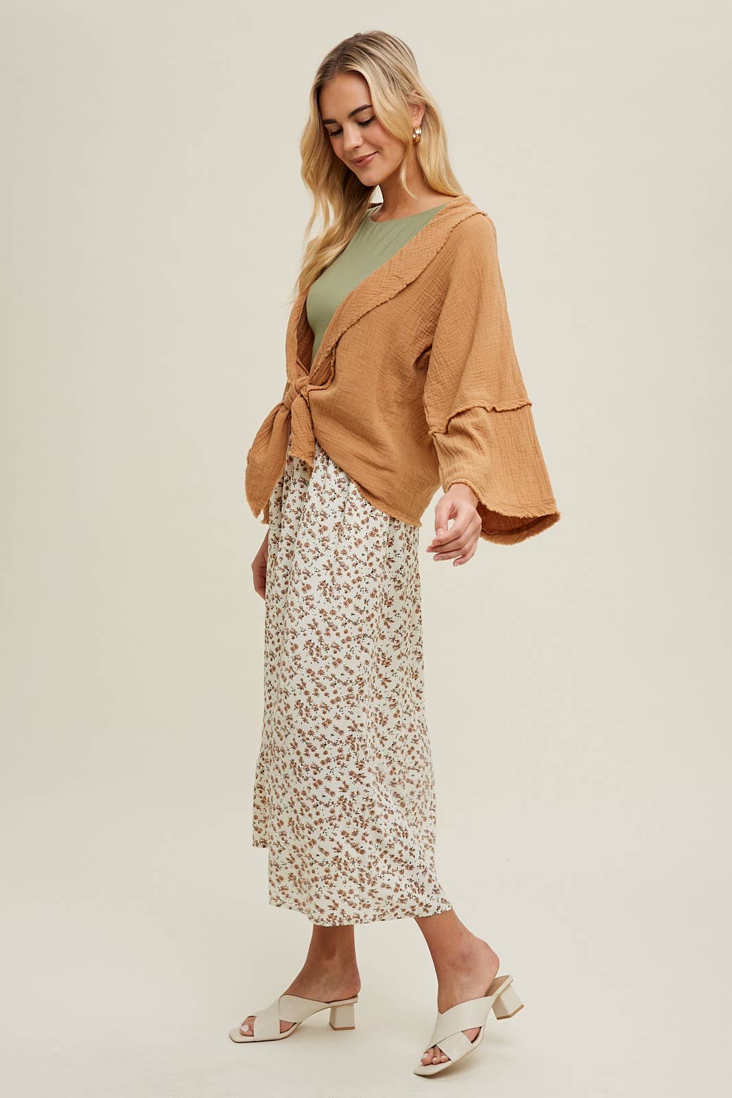 GAUZE KIMONO SLEEVE SELF TIE CARDIGAN
