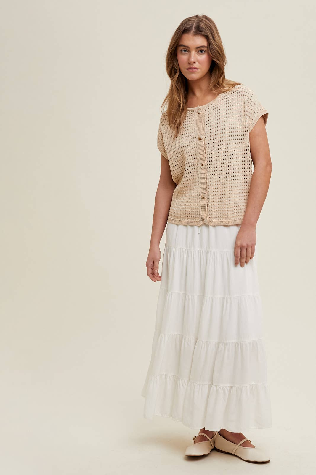 OPEN-KNIT BUTTON-UP SWEATER TOP