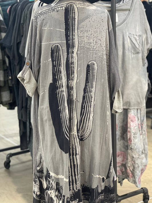 Duster with Cactus Print in Gray