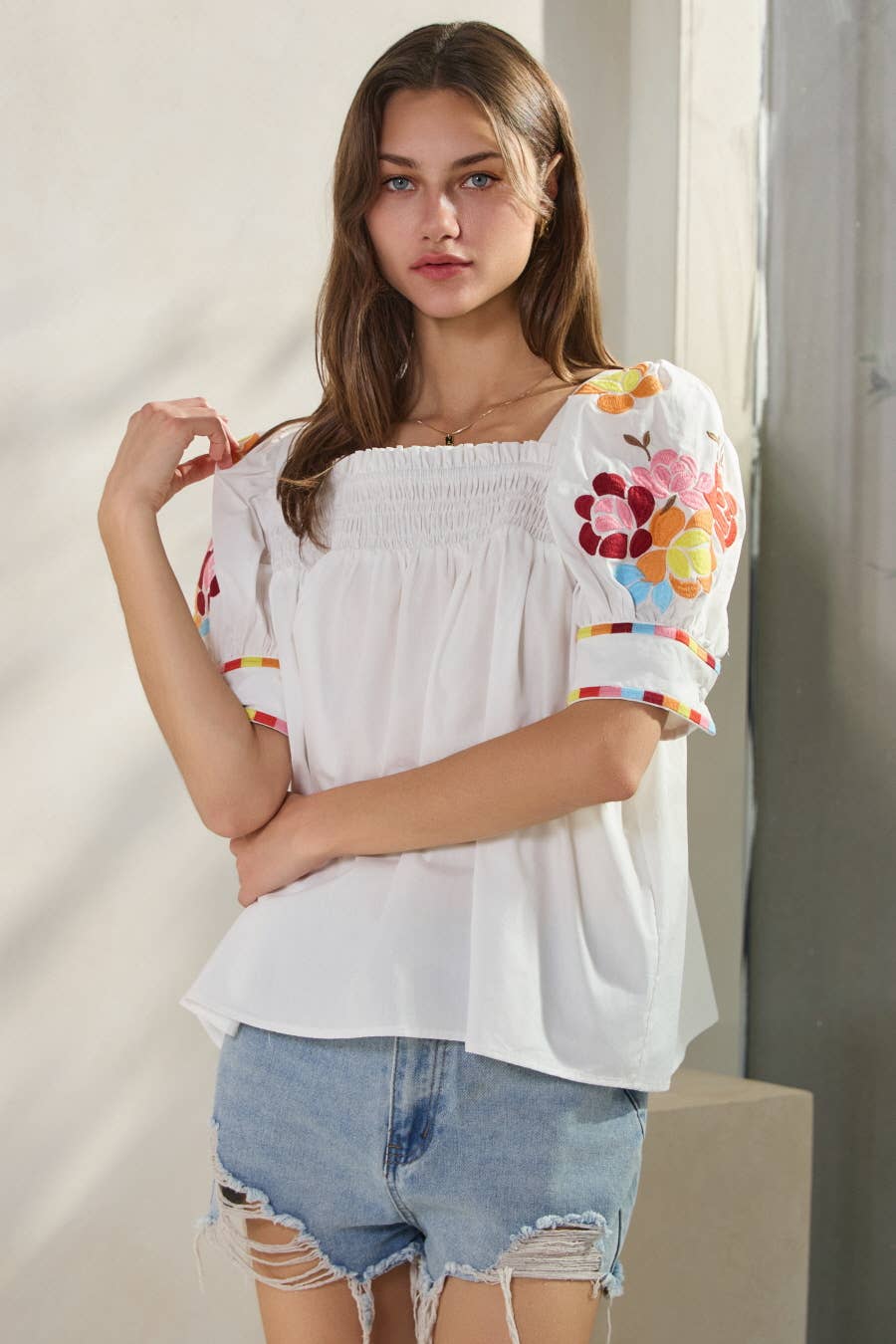 Solid Poplin Smocked Top Blouse