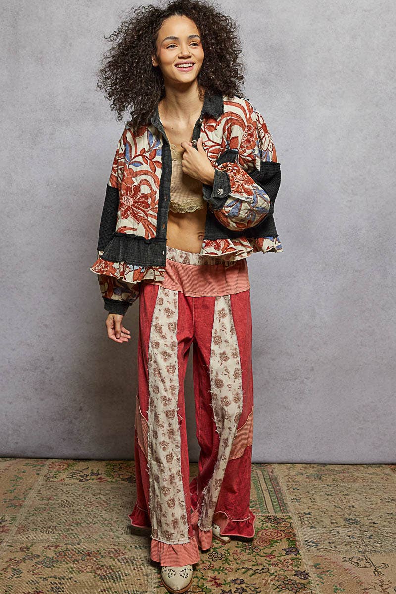 Quilted Floral Raw-Edge Balloon Sleeve A-Line Jacket