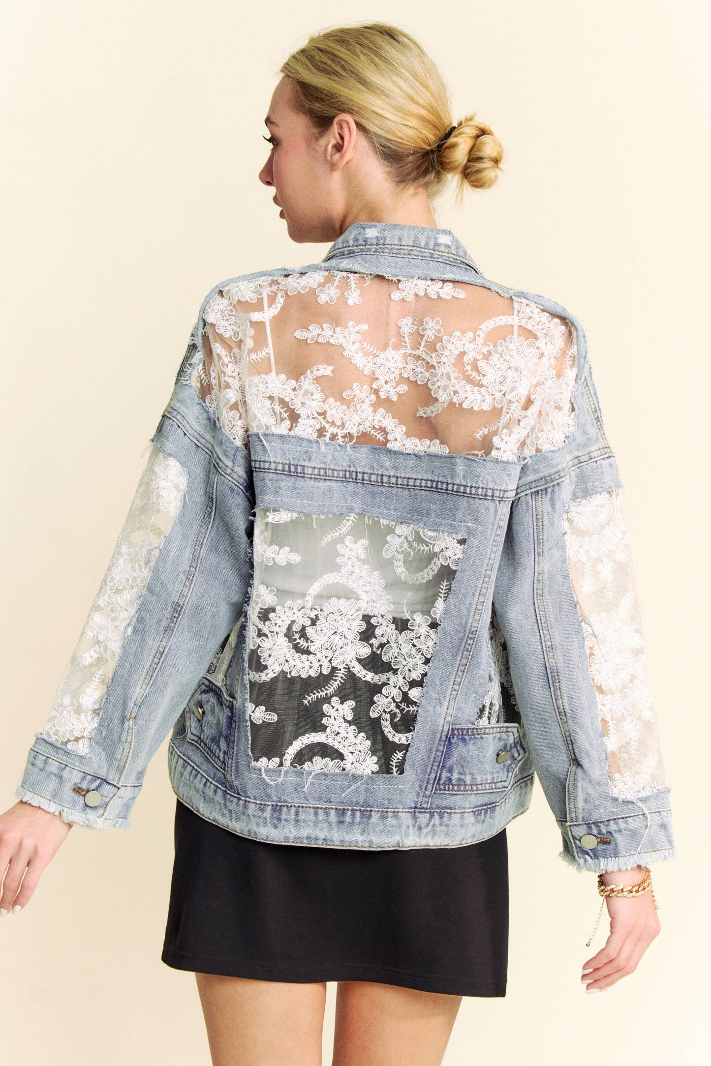 FLORAL EMBROIDERY LACE DISTRESSED DENIM JACKET