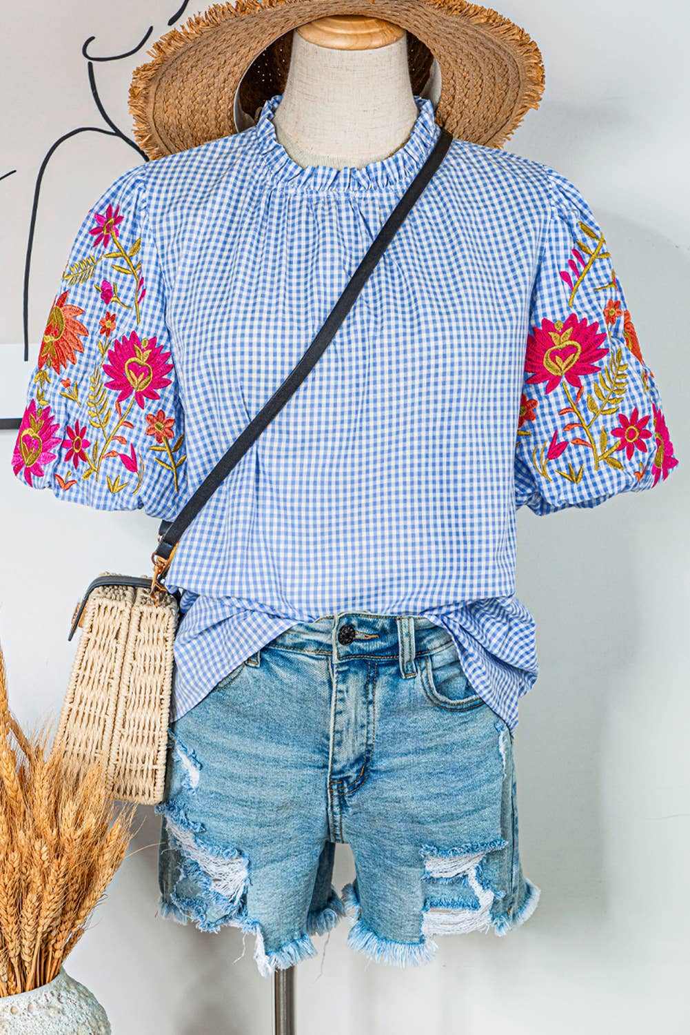 Gingham Floral Embroidered Puff Sleeve Blouse