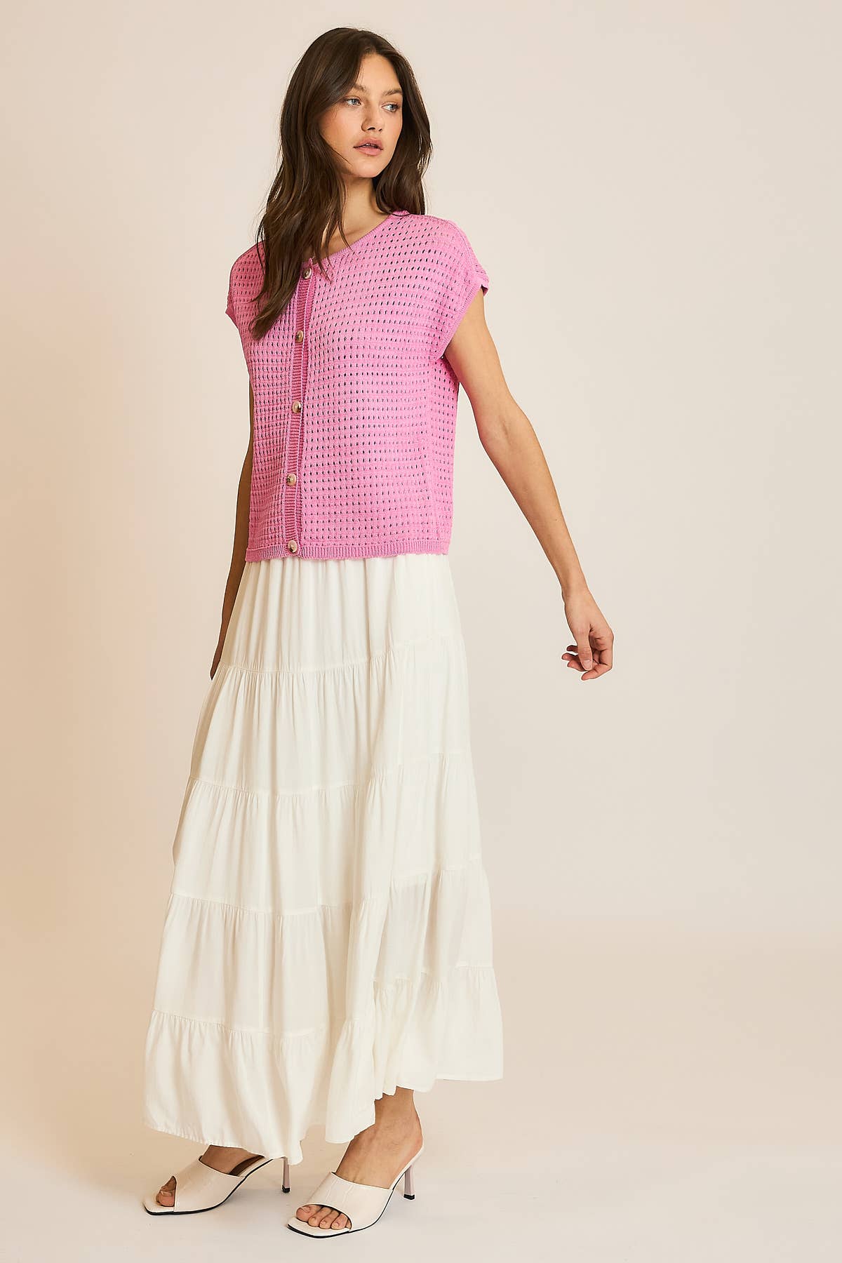 OPEN-KNIT BUTTON-UP SWEATER TOP