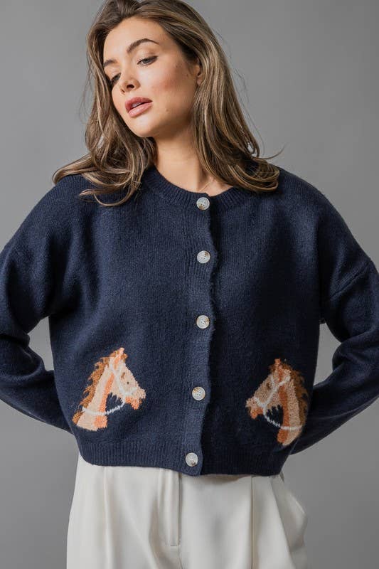 Horse Graphic Button Front Cropped Cardigan