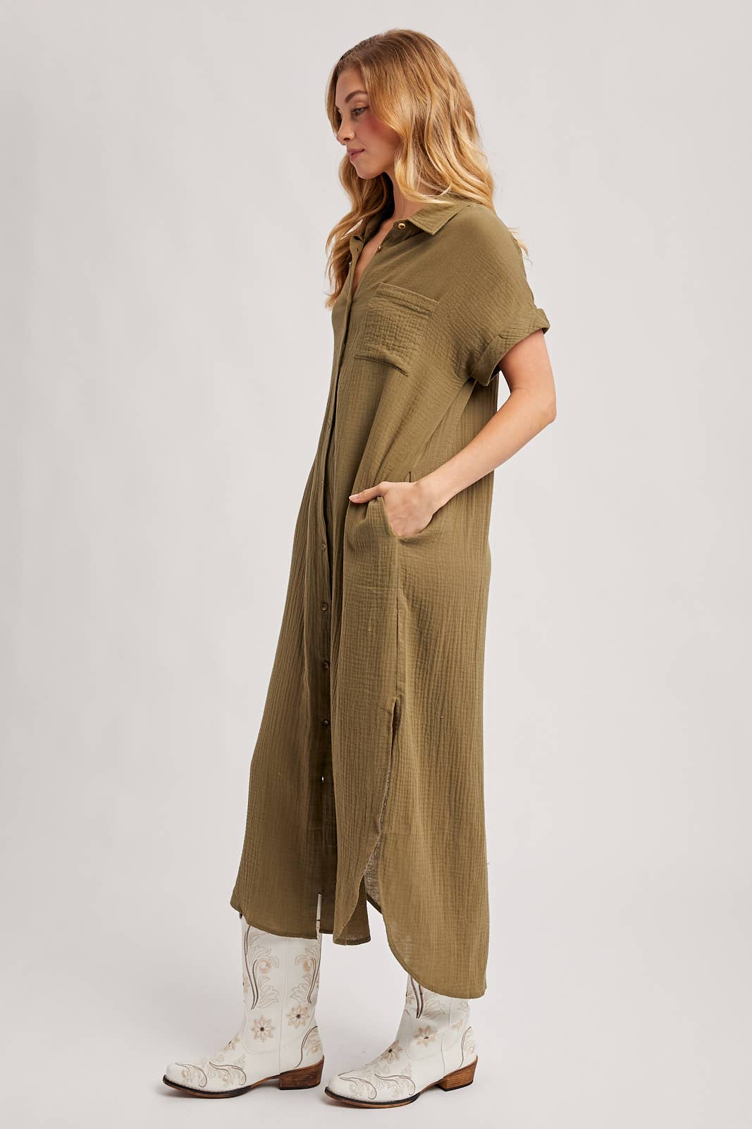 BUTTON UP MAXI SHIRT DRESS WITH POCKET