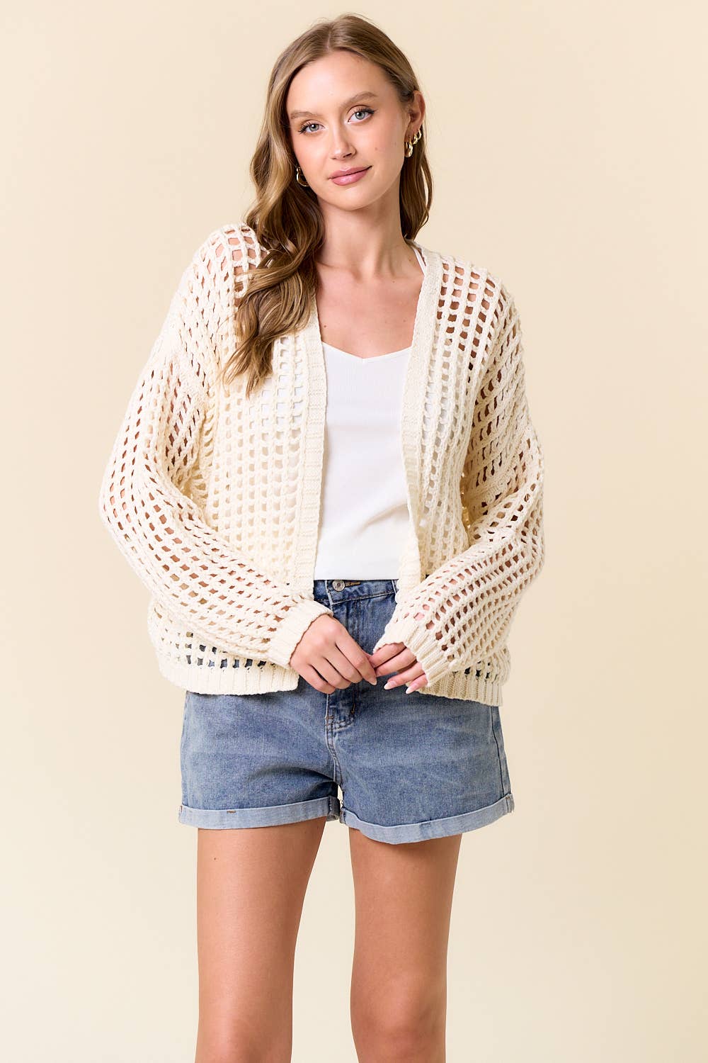 CROCHET FISHNET CROPPED OPEN CARDIGAN
