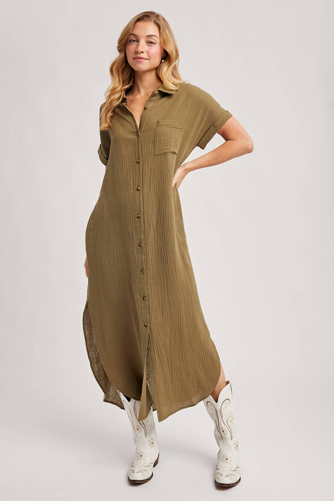 BUTTON UP MAXI SHIRT DRESS WITH POCKET
